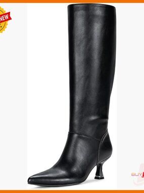 Knee High Faux Leather Boots, Kitten Heel, Side Zipper, Pointed Toe